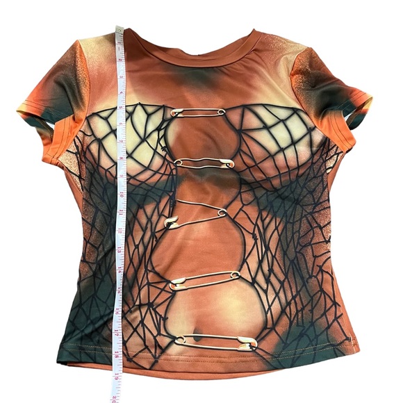 Rugged Trends Orange Fishnet & Safety Pin Grunge Illusion Short Sleeve Tee Top - Picture 7 of 8
